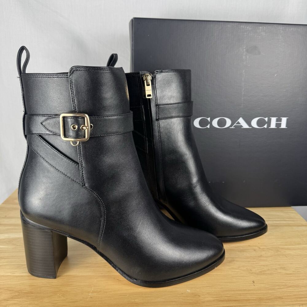 Coach Olivia Black Leather Heeled Ankle Booties Women’s Size 9 New in Box